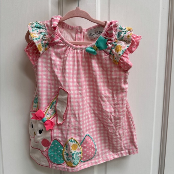 Rare Editions 2T Girls Pink Gingham Easter Bunny Short Sleeve Blouse Teal Bow - Picture 1 of 6